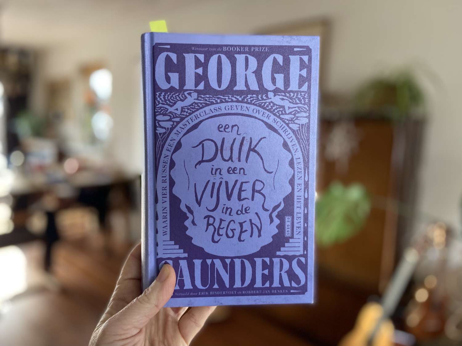 Het boek: Een duik in een vijver in de regen - van George Saunders. Paars en vastgehouden. 