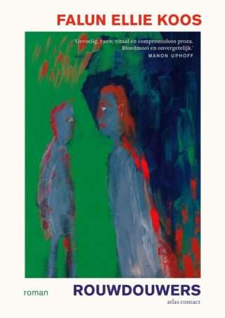 De voorkant van het boek Rouwdouwers. Met een wat abstract schilderij van twee mensen, met groen, blauw en wat fel rode randen. 