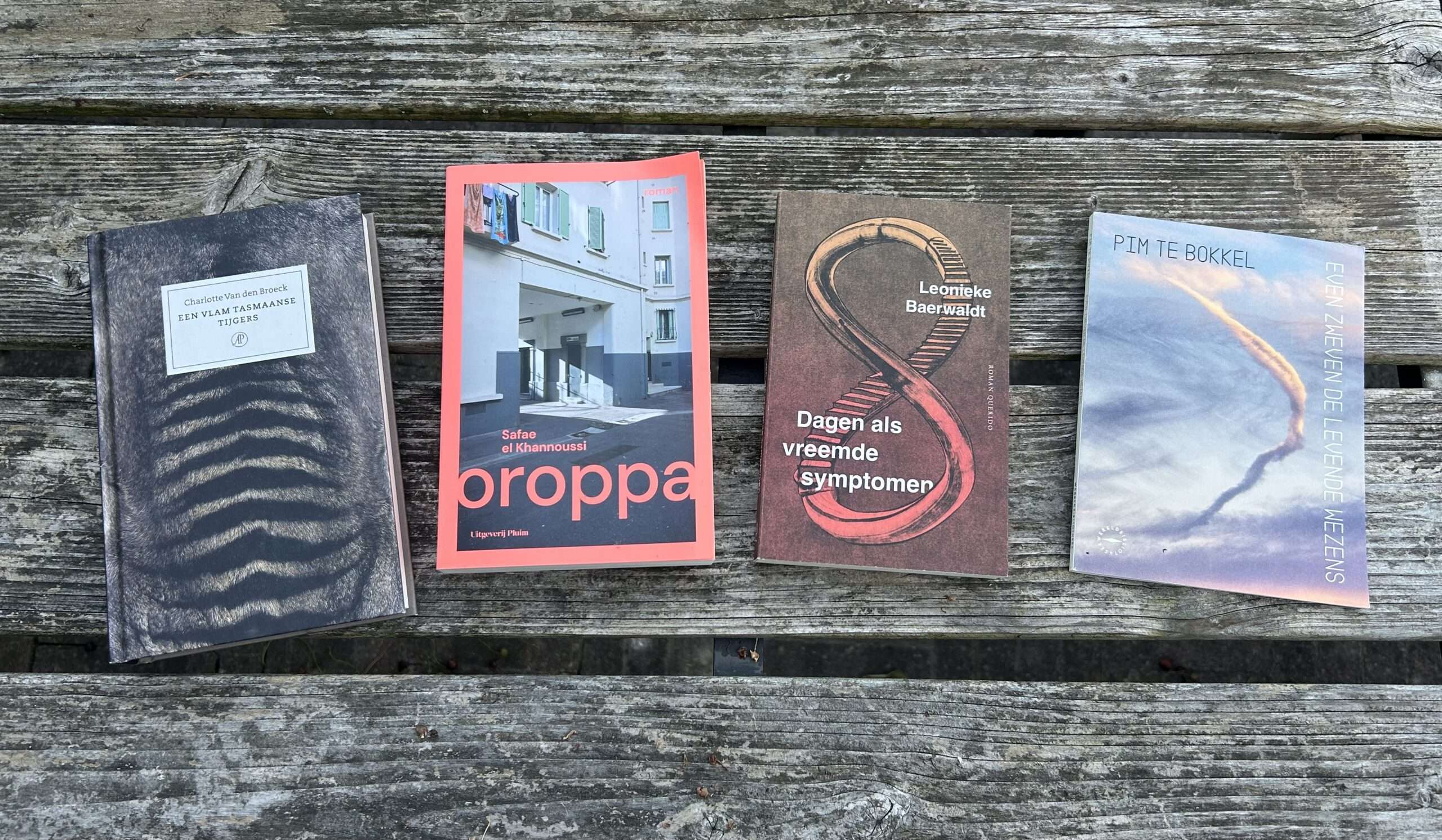Vier boeken op een rij op een houten tafel